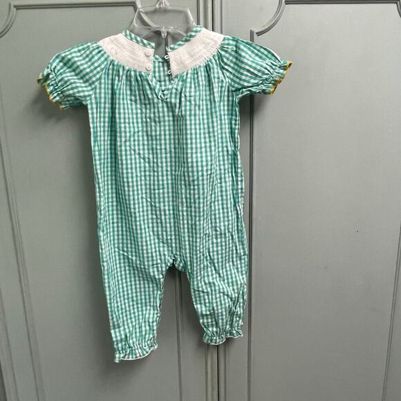 Boutique Smocked Gingham One Piece Romper Girls 18 Months Fall Pumpkins - Picture 3 of 6